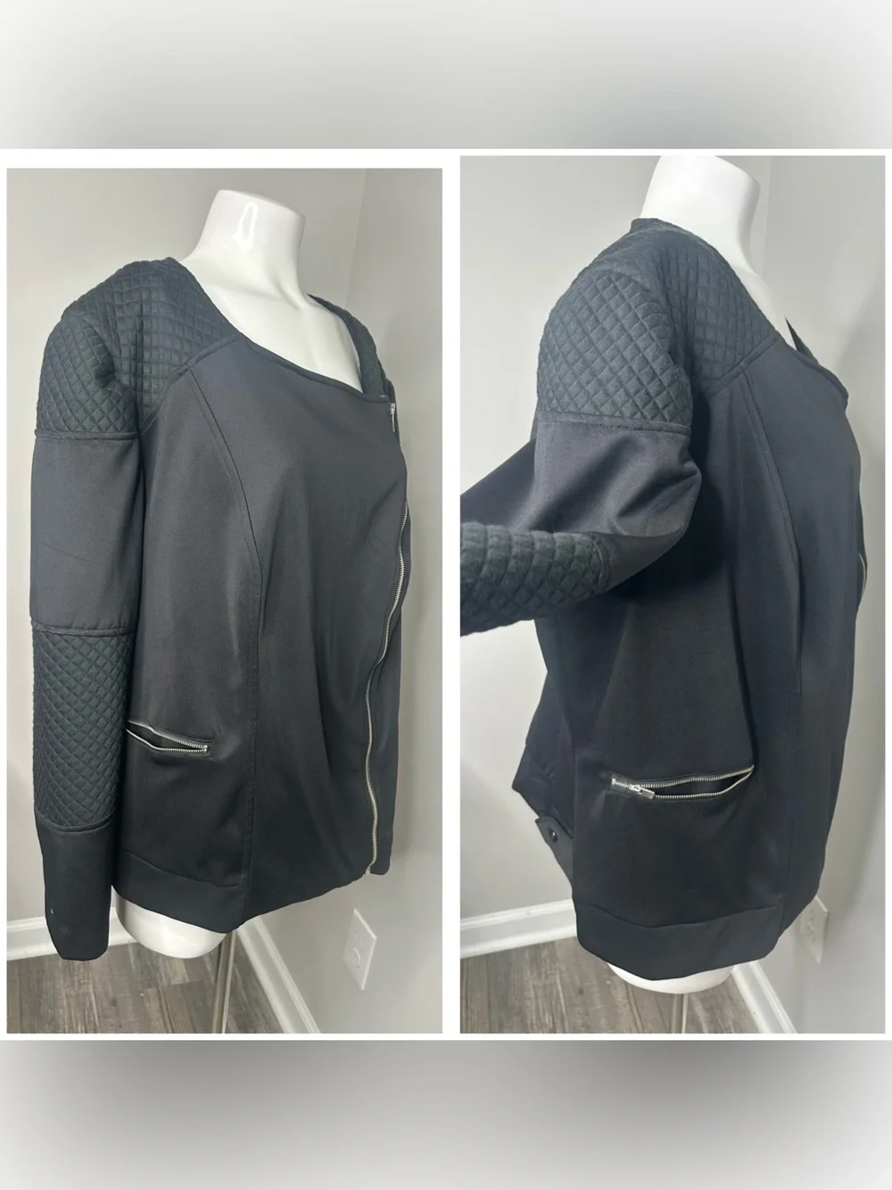 NY Collection Black Asymmetrical Zip Quilted-motor style Jacket-2X